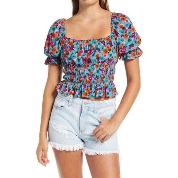ALL‎ IN FAVOR NEW $49 Printed Smocked Square Neck Top in Orange Floral Large - Picture 1 of 3